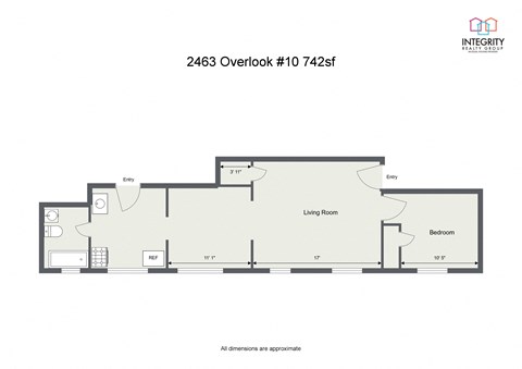 Floor plan for 1 bed, 1 bath, 730 sqft